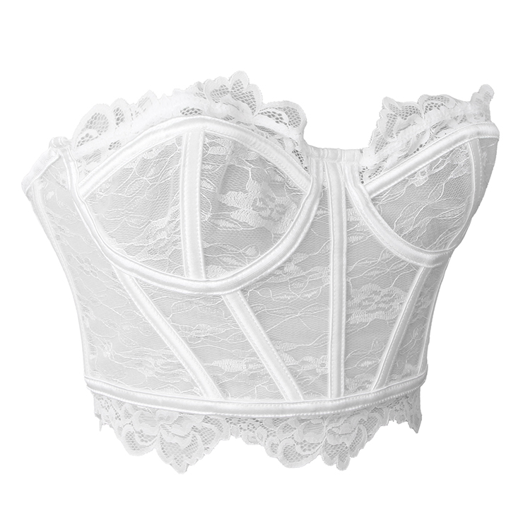 corset, bustier, white lace, back lace - up, boned, sweetheart neckline, scalloped trim, bridal, wedding, party, layering, feminine, vintage, cropped, lingerie - inspired #N23925