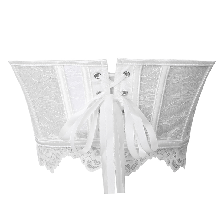 corset, bustier, white lace, back lace - up, boned, sweetheart neckline, scalloped trim, bridal, wedding, party, layering, feminine, vintage, cropped, lingerie - inspired #N23925