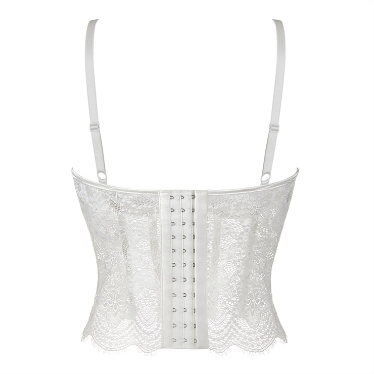 white corset top, sheer mesh corset, lace bustier, boned bodice, adjustable spaghetti straps, front clasp top, lingerie inspired top, women