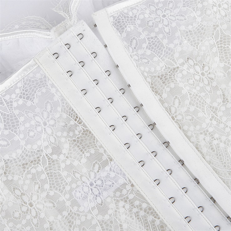 white corset top, sheer mesh corset, lace bustier, boned bodice, adjustable spaghetti straps, front clasp top, lingerie inspired top, women