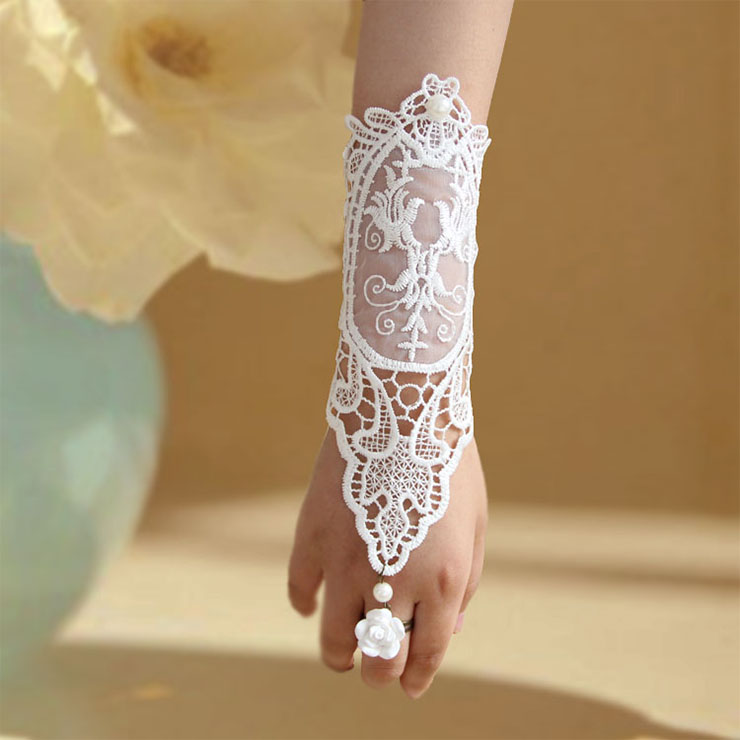 Vintage White Lace Long Wristband Victorian Bead Embellishment Bracelet with Ring J17784