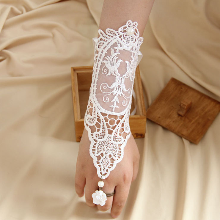 Vintage Bracelet, Gothic Bracelet, White Lace Bracelet, Cheap Wristband, Victorian Long Wristband, Vintage Long Lace Wristband, Elegant Long Lace Wristband, Bracelet with Ring, #J17784