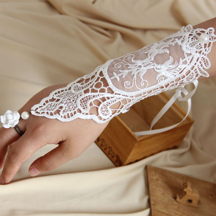 Vintage Bracelet, Gothic Bracelet, White Lace Bracelet, Cheap Wristband, Victorian Long Wristband, Vintage Long Lace Wristband, Elegant Long Lace Wristband, Bracelet with Ring, #J17784