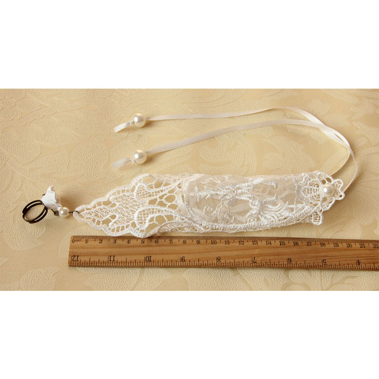 Vintage Bracelet, Gothic Bracelet, White Lace Bracelet, Cheap Wristband, Victorian Long Wristband, Vintage Long Lace Wristband, Elegant Long Lace Wristband, Bracelet with Ring, #J17784