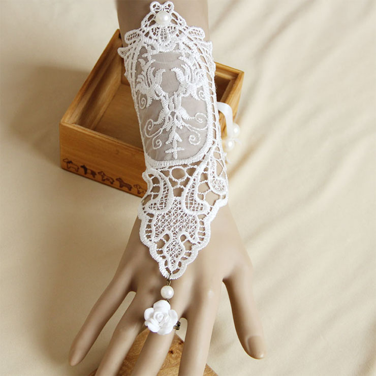 Vintage Bracelet, Gothic Bracelet, White Lace Bracelet, Cheap Wristband, Victorian Long Wristband, Vintage Long Lace Wristband, Elegant Long Lace Wristband, Bracelet with Ring, #J17784