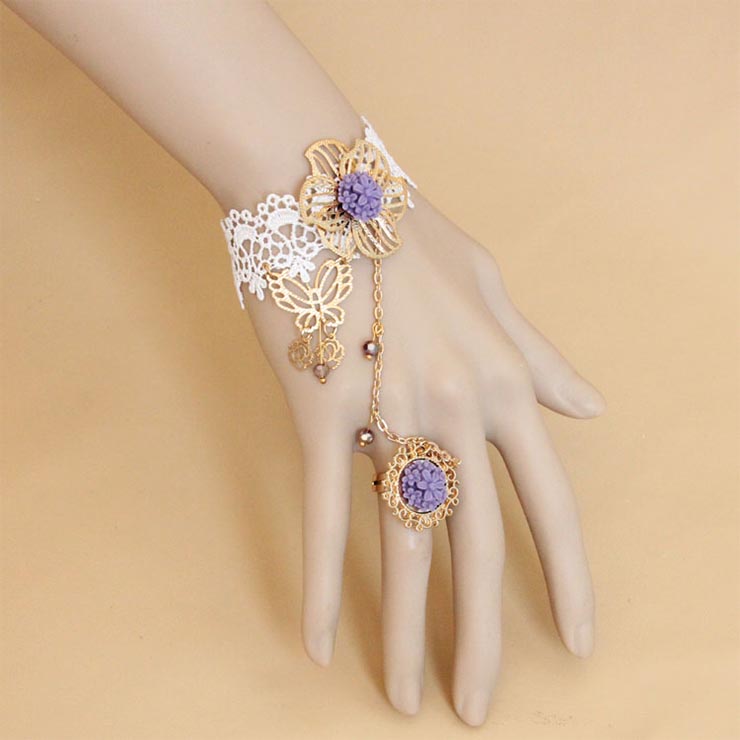 Vintage Bracelet, Vintage Golden Butterfly Flower Bracelet, Cheap Wristband, Gothic White Bracelet, Victorian White Lace Bracelet, Retro White Wristband, Bracelet with Ring, #J18125