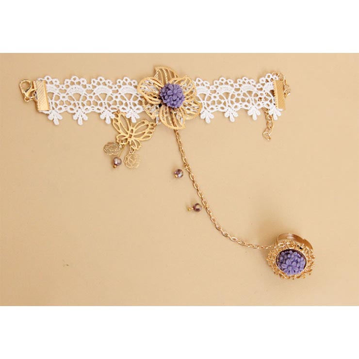Vintage Bracelet, Vintage Golden Butterfly Flower Bracelet, Cheap Wristband, Gothic White Bracelet, Victorian White Lace Bracelet, Retro White Wristband, Bracelet with Ring, #J18125
