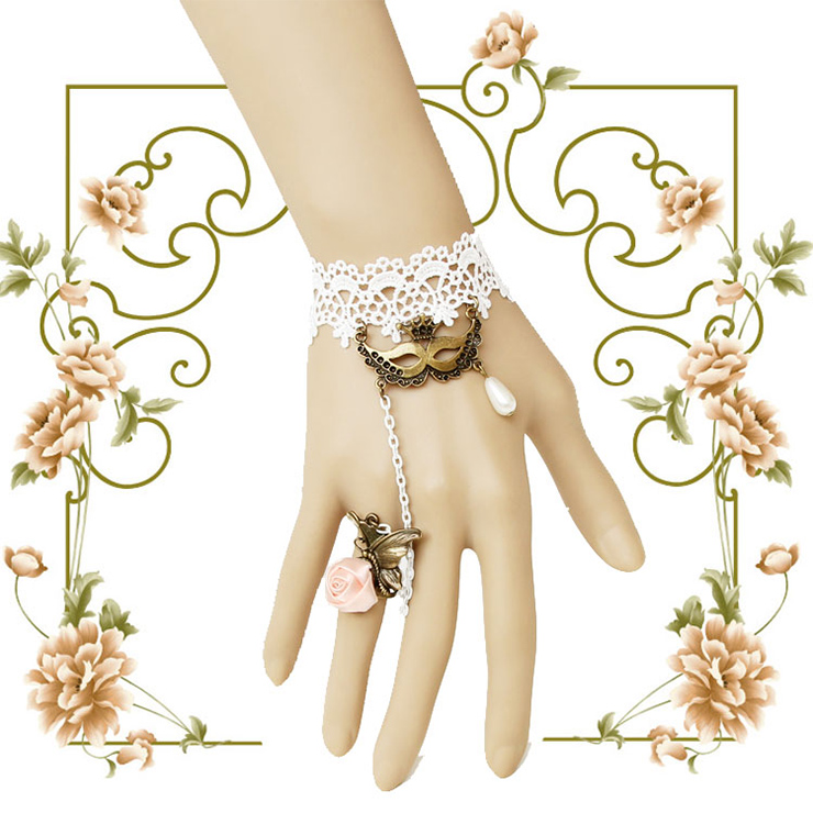 Vintage White Lace Wristband Masker Charms Bracelet with Butterfly Ring J18113