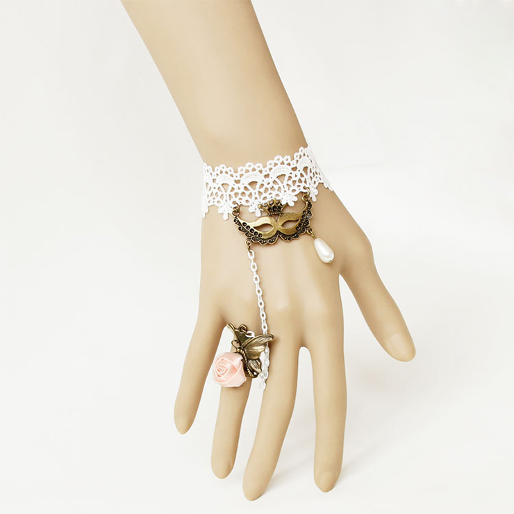 Vintage Lace Bracelet, Gothic Rose Bracelet, Cheap Wristband, Gothic White Lace Bracelet, Victorian Floral Lace Bracelet, Retro White Floral Lace Wristband, Bracelet with Ring, #J18113