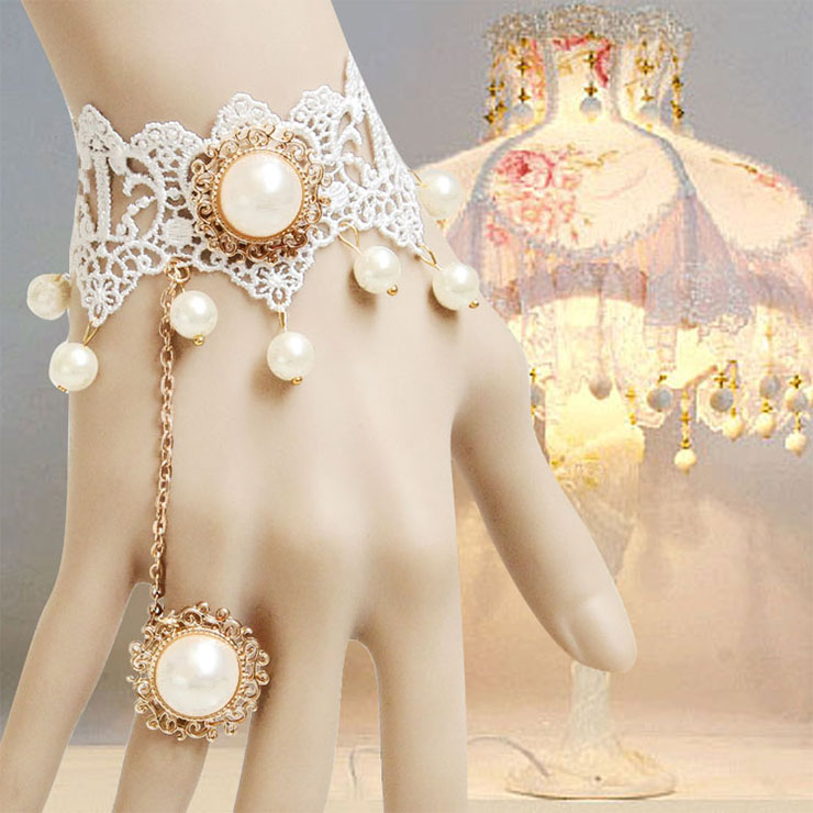 Vintage White Lace Wristband Victorian Pearl Embellishment Bracelet with Ring J17825
