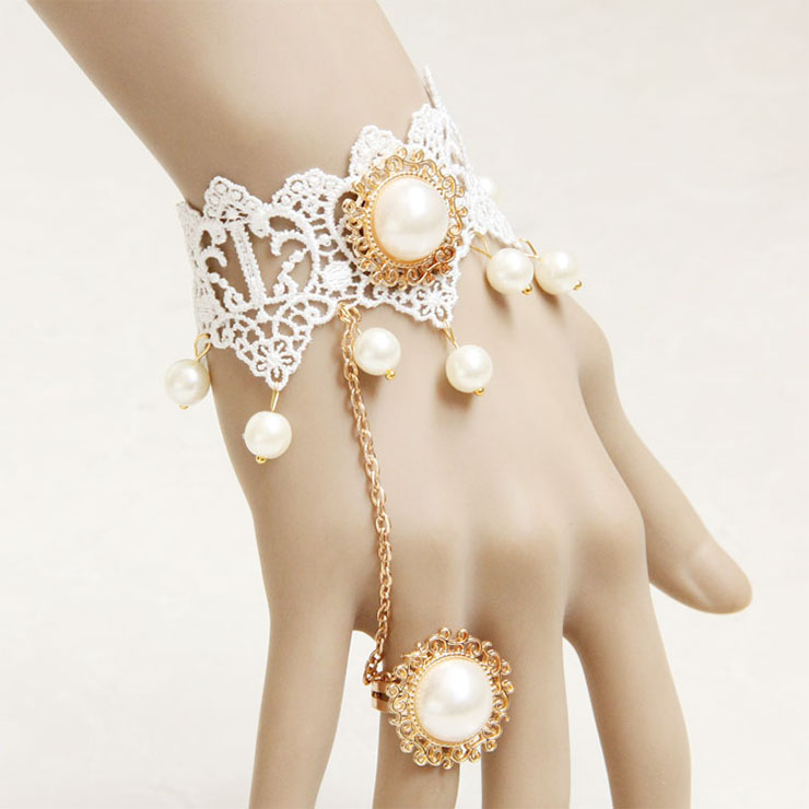Vintage Bracelet, Gothic Bracelet, Cheap Wristband, Gothic White Lace Bracelet, Victorian Pearl Bracelet, Retro White Wristband, Bracelet with Ring, #J17825