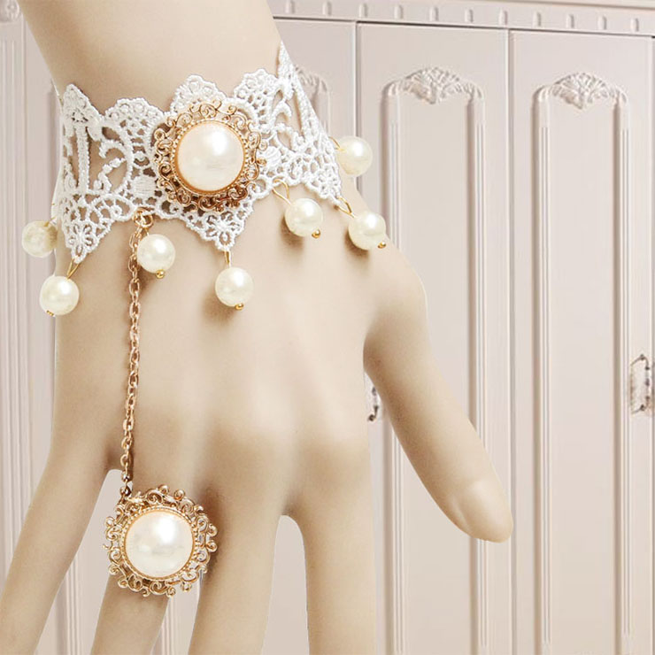 Vintage Bracelet, Gothic Bracelet, Cheap Wristband, Gothic White Lace Bracelet, Victorian Pearl Bracelet, Retro White Wristband, Bracelet with Ring, #J17825