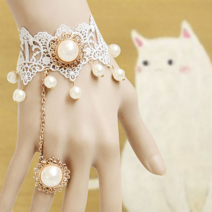 Vintage Bracelet, Gothic Bracelet, Cheap Wristband, Gothic White Lace Bracelet, Victorian Pearl Bracelet, Retro White Wristband, Bracelet with Ring, #J17825