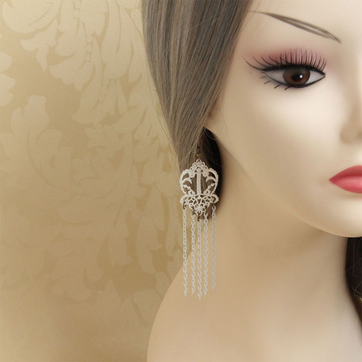 Retro Alloy Earrings, Gothic Style Earrings, Fashion White Butterfly Earrings for Women, Vintage White Floral Lace Earrings, Casual White Earrings, Vicorian Gothic Earrings, Fashion White Lace and Chains Earrings, #J18402