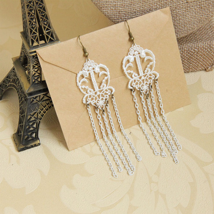 Retro Alloy Earrings, Gothic Style Earrings, Fashion White Butterfly Earrings for Women, Vintage White Floral Lace Earrings, Casual White Earrings, Vicorian Gothic Earrings, Fashion White Lace and Chains Earrings, #J18402