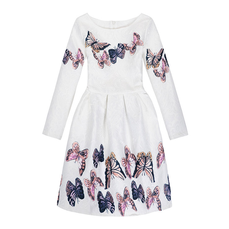 Girl's Vintage White Long Sleeve Round Collar Cute Butterfly Pattern A-Line Dress N15520