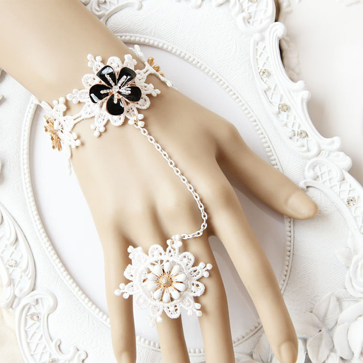 Vintage White Wristband Glaze Daisy Embellished Bracelet with Ring J18098