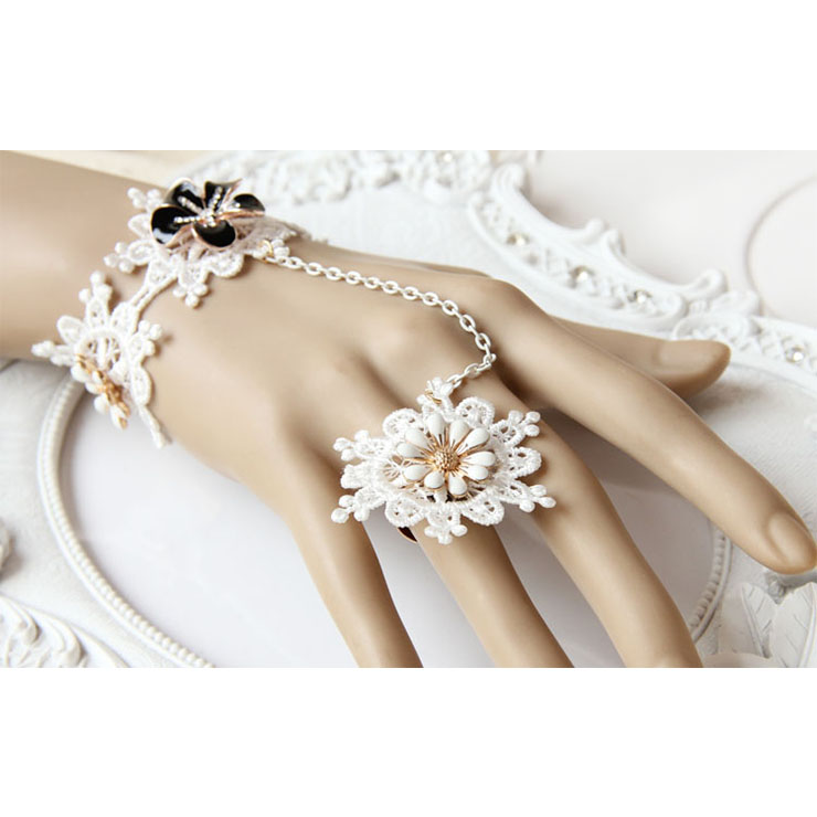 Vintage Bracelet, Vintage Daisy Bracelet, Cheap Wristband, Gothic White Bracelet, Victorian White Lace Bracelet, Retro White Wristband, Bracelet with Ring, #J18098