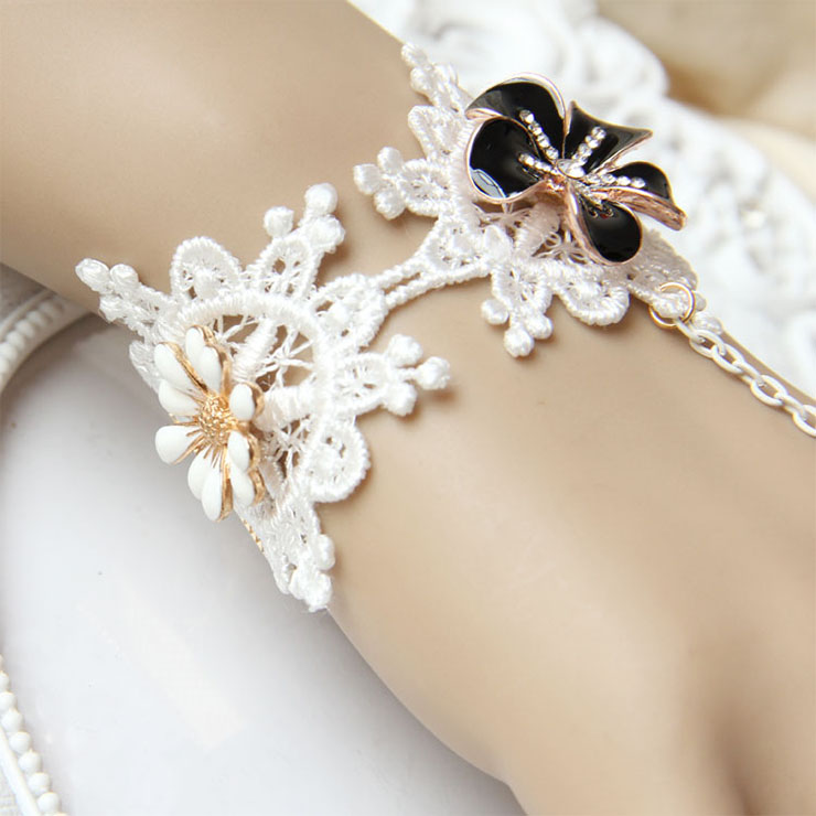 Vintage Bracelet, Vintage Daisy Bracelet, Cheap Wristband, Gothic White Bracelet, Victorian White Lace Bracelet, Retro White Wristband, Bracelet with Ring, #J18098