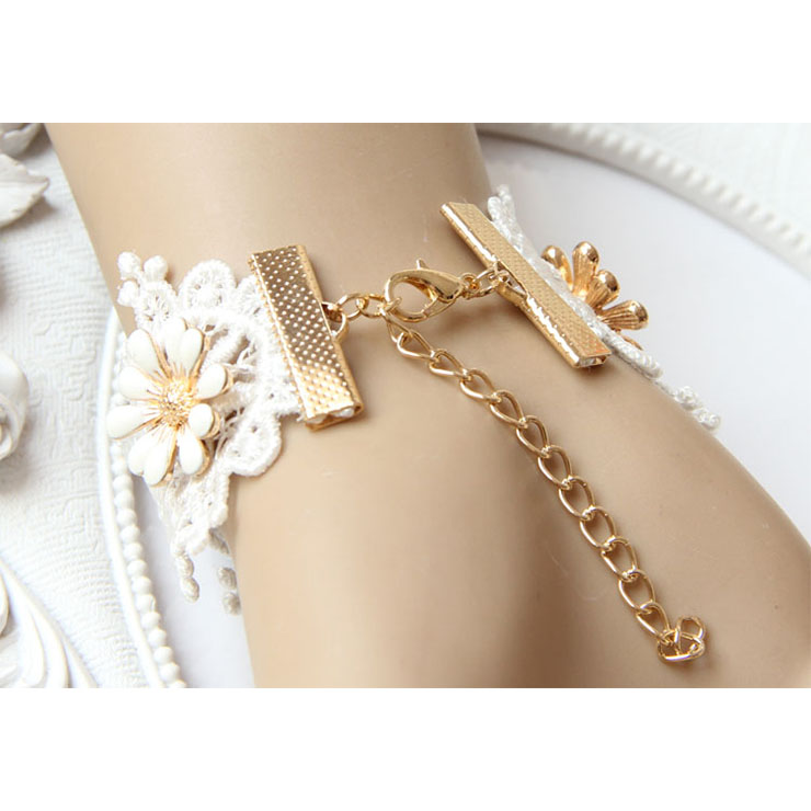 Vintage Bracelet, Vintage Daisy Bracelet, Cheap Wristband, Gothic White Bracelet, Victorian White Lace Bracelet, Retro White Wristband, Bracelet with Ring, #J18098