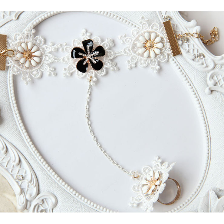 Vintage Bracelet, Vintage Daisy Bracelet, Cheap Wristband, Gothic White Bracelet, Victorian White Lace Bracelet, Retro White Wristband, Bracelet with Ring, #J18098