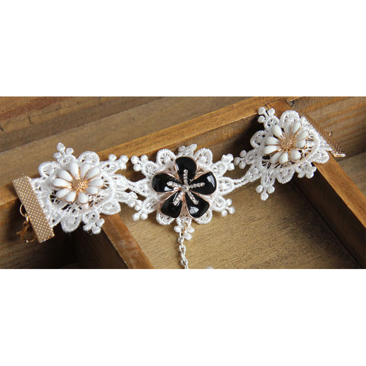 Vintage Bracelet, Vintage Daisy Bracelet, Cheap Wristband, Gothic White Bracelet, Victorian White Lace Bracelet, Retro White Wristband, Bracelet with Ring, #J18098