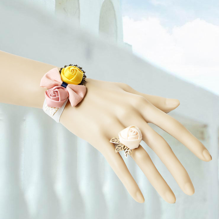 Vintage Style White Wristband Elegant Bow Bracelet with Ring J17767