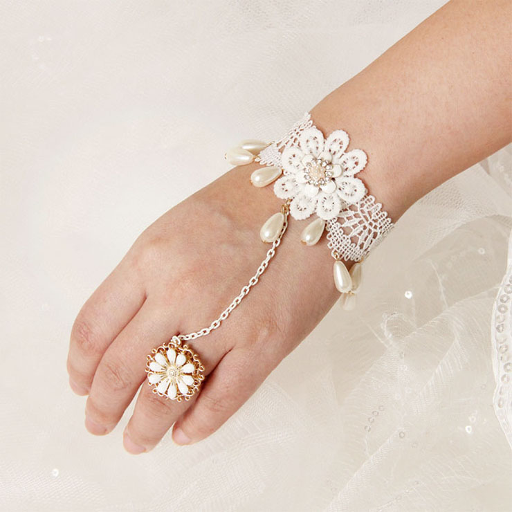 Vintage Bracelet, Vintage Daisy  Bracelet, Cheap Wristband, Gothic White Bracelet, Victorian White Lace Bracelet, Retro White Wristband, Bracelet with Ring, #J18071