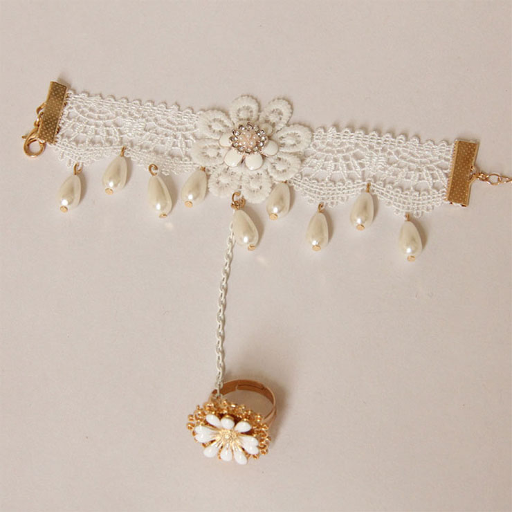 Vintage Bracelet, Vintage Daisy  Bracelet, Cheap Wristband, Gothic White Bracelet, Victorian White Lace Bracelet, Retro White Wristband, Bracelet with Ring, #J18071