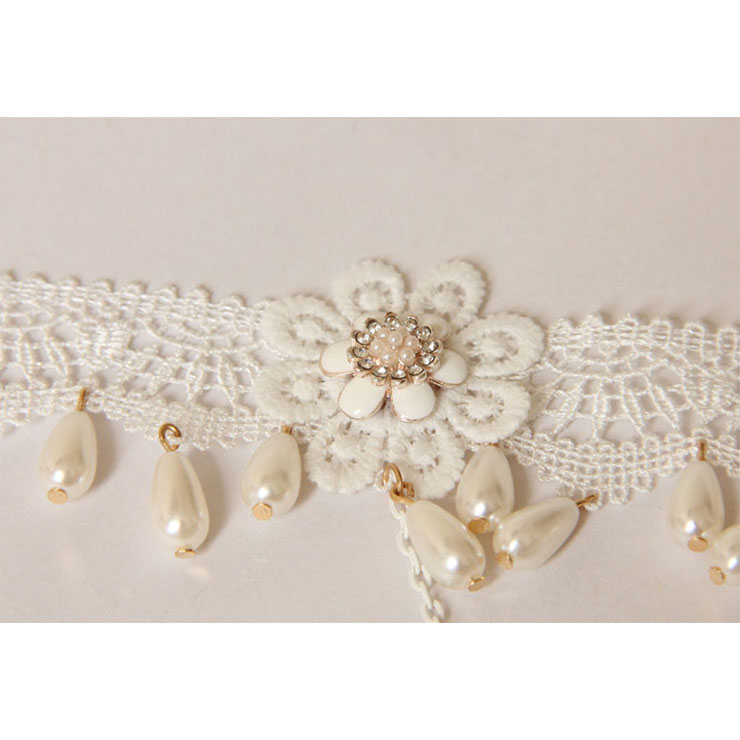 Vintage Bracelet, Vintage Daisy  Bracelet, Cheap Wristband, Gothic White Bracelet, Victorian White Lace Bracelet, Retro White Wristband, Bracelet with Ring, #J18071