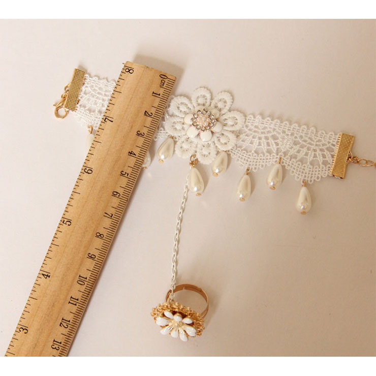 Vintage Bracelet, Vintage Daisy  Bracelet, Cheap Wristband, Gothic White Bracelet, Victorian White Lace Bracelet, Retro White Wristband, Bracelet with Ring, #J18071