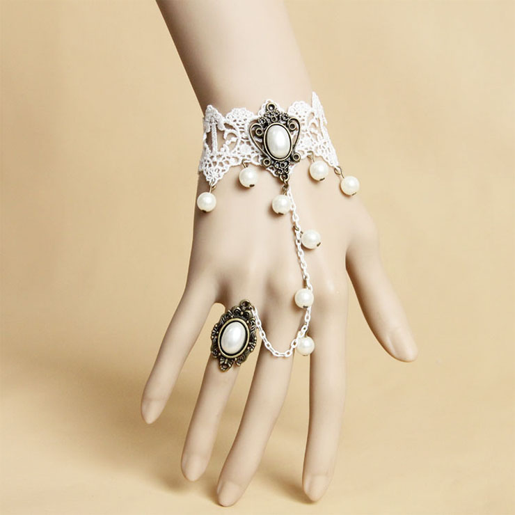 Vintage White Wristband Olivet Embellished Bracelet with Ring J18070