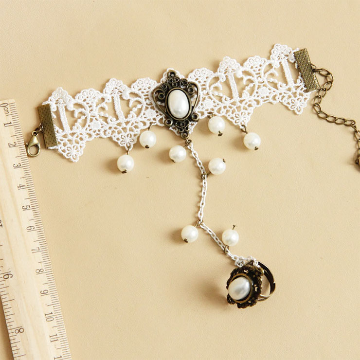 Vintage Bracelet, Vintage Olivet Bracelet, Cheap Wristband, Gothic White Bracelet, Victorian Bracelet, Retro White Wristband, Bracelet with Ring, #J18070