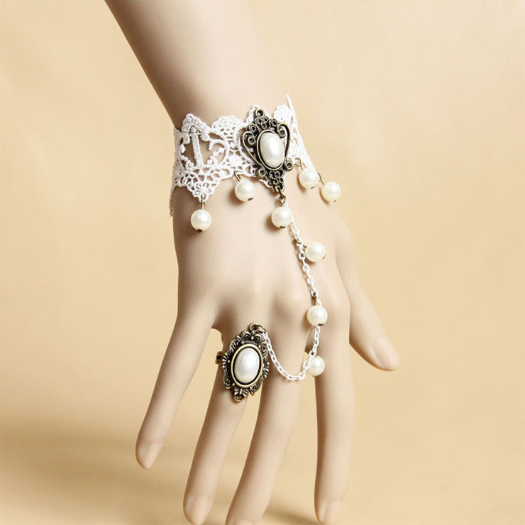 Vintage Bracelet, Vintage Olivet Bracelet, Cheap Wristband, Gothic White Bracelet, Victorian Bracelet, Retro White Wristband, Bracelet with Ring, #J18070