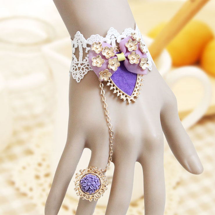 Vintage White Wristband Purple Bowknot Embellished Bracelet with Ring J18073