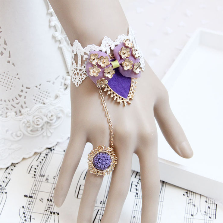 Vintage Bracelet, Retro Purple Bowknot  Bracelet, Cheap Wristband, Vintage White Bracelet, Victorian White Lace Bracelet, Retro White Wristband, Bracelet with Ring, #J18073