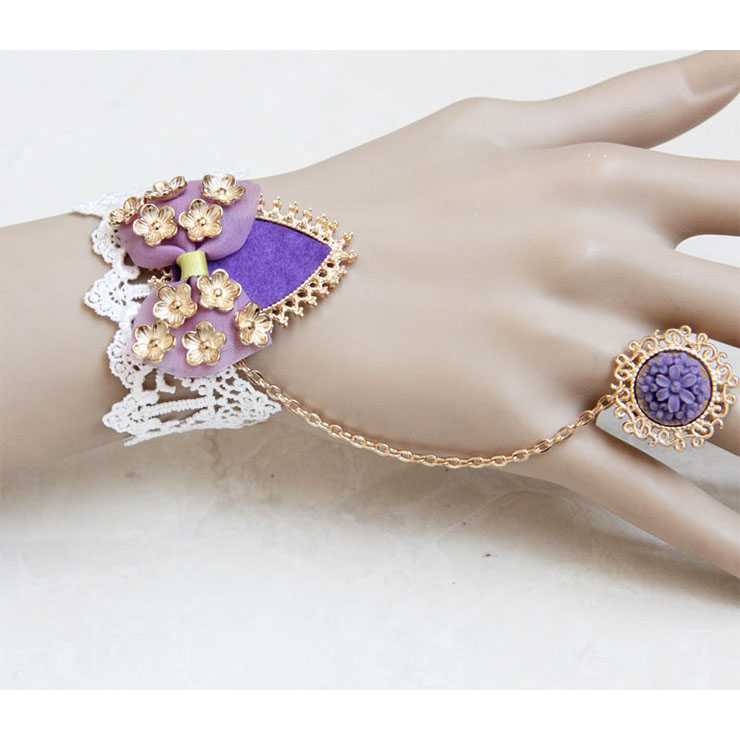 Vintage Bracelet, Retro Purple Bowknot  Bracelet, Cheap Wristband, Vintage White Bracelet, Victorian White Lace Bracelet, Retro White Wristband, Bracelet with Ring, #J18073