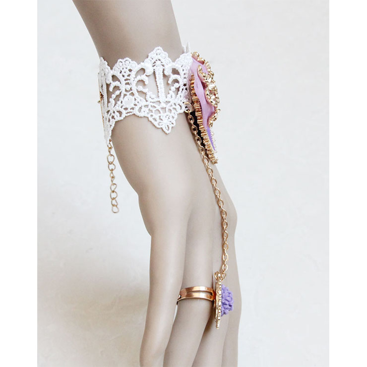 Vintage Bracelet, Retro Purple Bowknot  Bracelet, Cheap Wristband, Vintage White Bracelet, Victorian White Lace Bracelet, Retro White Wristband, Bracelet with Ring, #J18073
