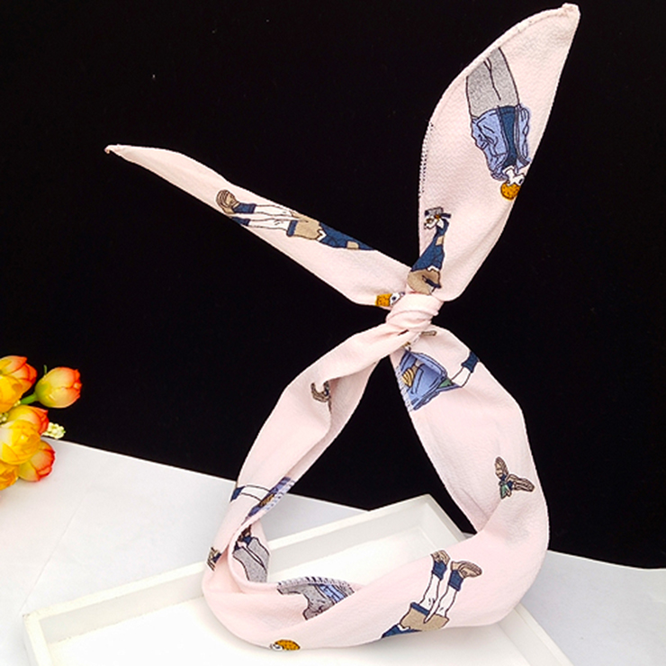 Vintage Womens Cartoon Figure Print Wired Bow Twist Bunny Headband J14685