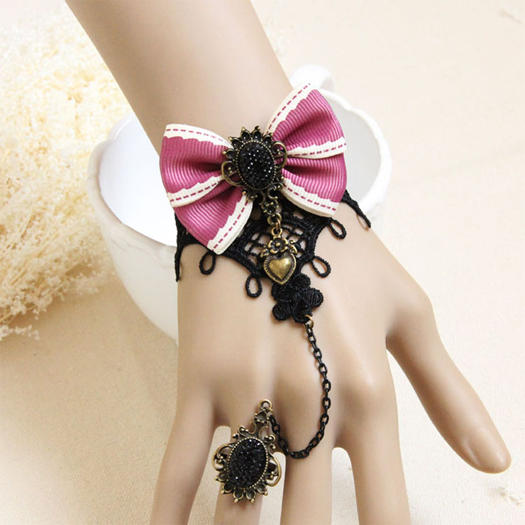 Vintage Wristband Black Lace Pink Bowknot Embellished Bracelet with Ring J18057