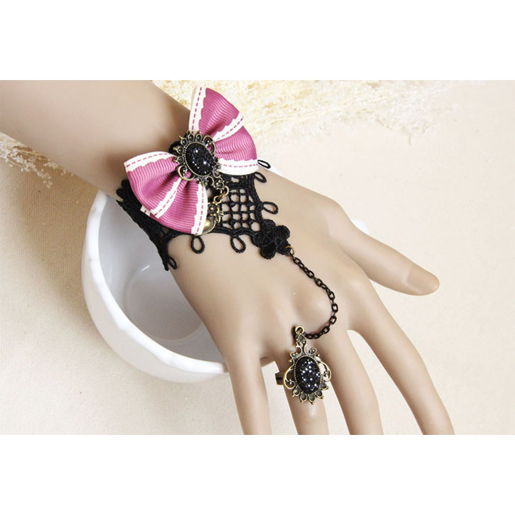 Vintage Bracelet, Gothic Pink Bowknot  Bracelet, Cheap Wristband, Black Lace  Bracelet, Victorian Bracelet, Gothic Wristband, Bracelet with Ring, #J18057