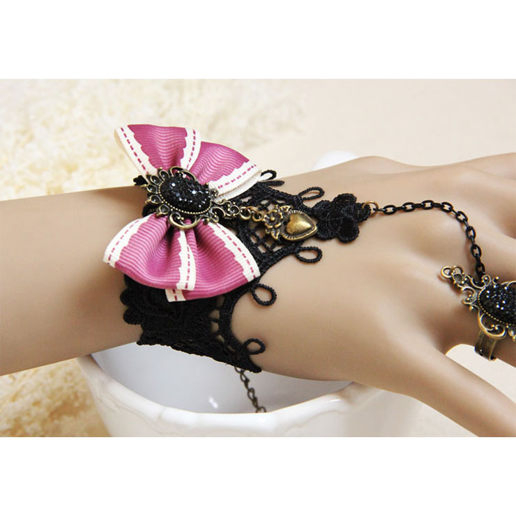 Vintage Bracelet, Gothic Pink Bowknot  Bracelet, Cheap Wristband, Black Lace  Bracelet, Victorian Bracelet, Gothic Wristband, Bracelet with Ring, #J18057