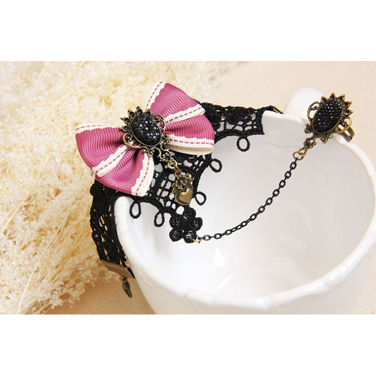 Vintage Bracelet, Gothic Pink Bowknot  Bracelet, Cheap Wristband, Black Lace  Bracelet, Victorian Bracelet, Gothic Wristband, Bracelet with Ring, #J18057