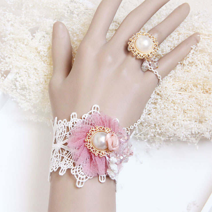 Vintage Wristband Pink Gauze Flower Olivet Embellished Bracelet with Ring J18059