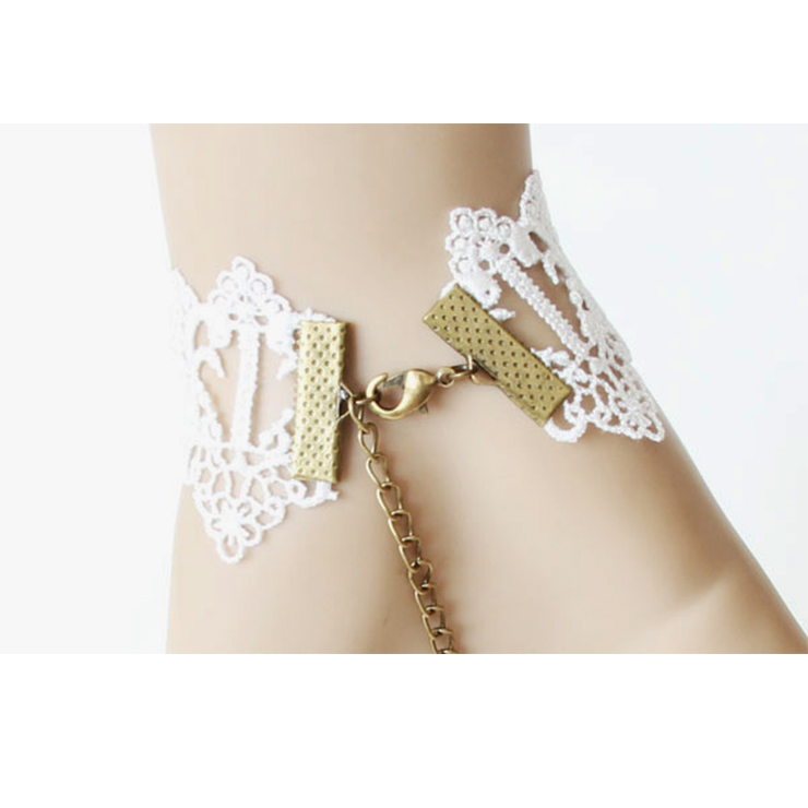 Vintage Bracelet, Gothic Rose Bracelet, Cheap Wristband, Gothic White Lace Bracelet, Victorian Bracelet, Retro White Wristband, Bracelet with Ring, #J18046