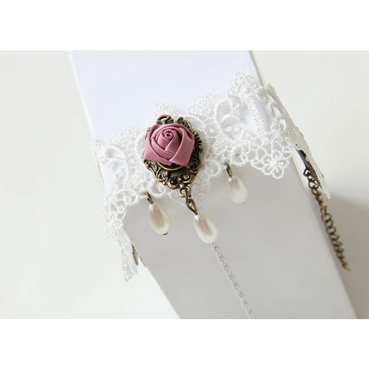 Vintage Bracelet, Gothic Rose Bracelet, Cheap Wristband, Gothic White Lace Bracelet, Victorian Bracelet, Retro White Wristband, Bracelet with Ring, #J18046