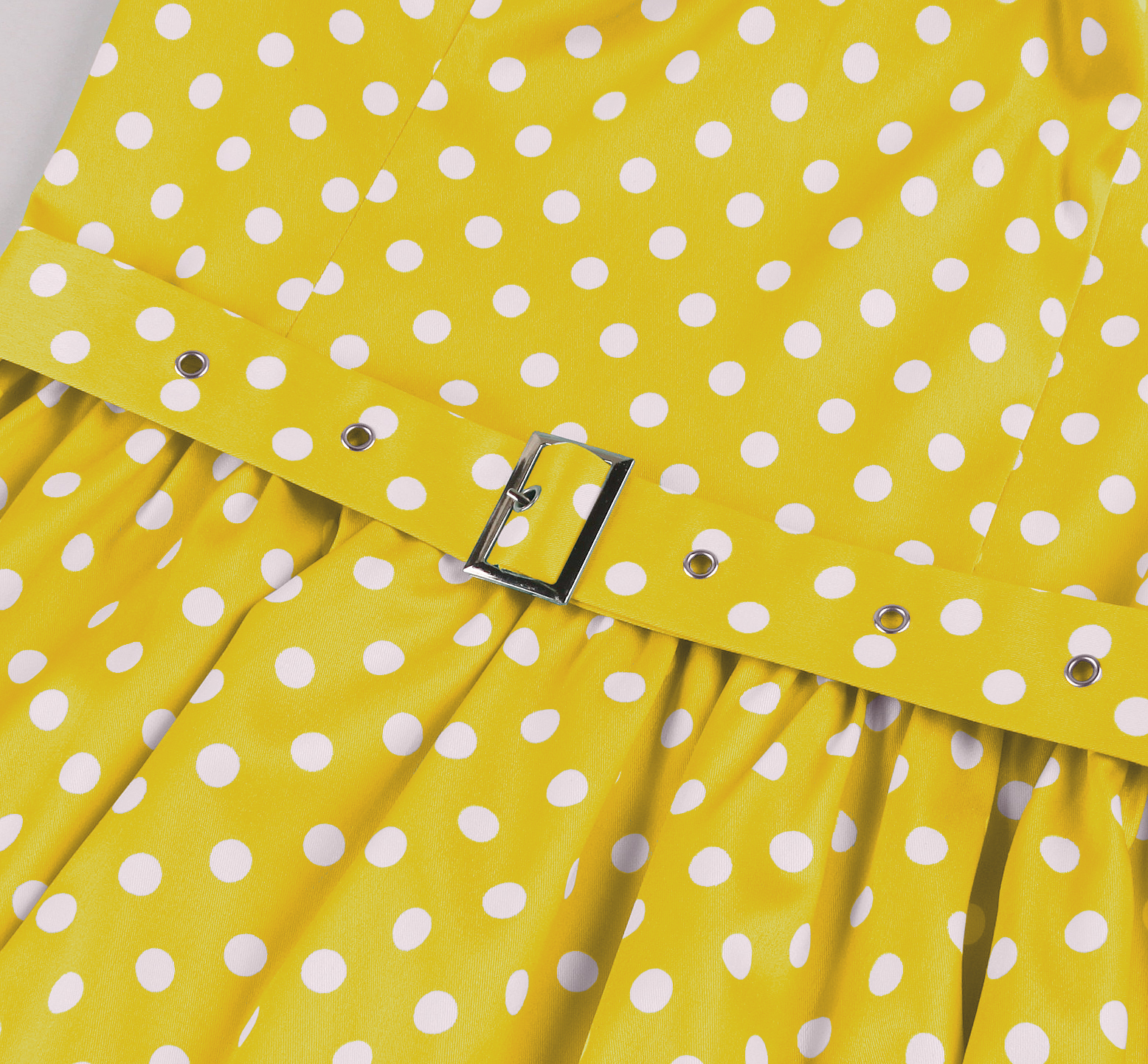 vintage polka dot dress, yellow with white dots, 1950s style, V-neck with lace trim, cap sleeves, gathered bodice, adjustable waist belt, black rectangular buckle, A-line swing skirt, knee length #N23826