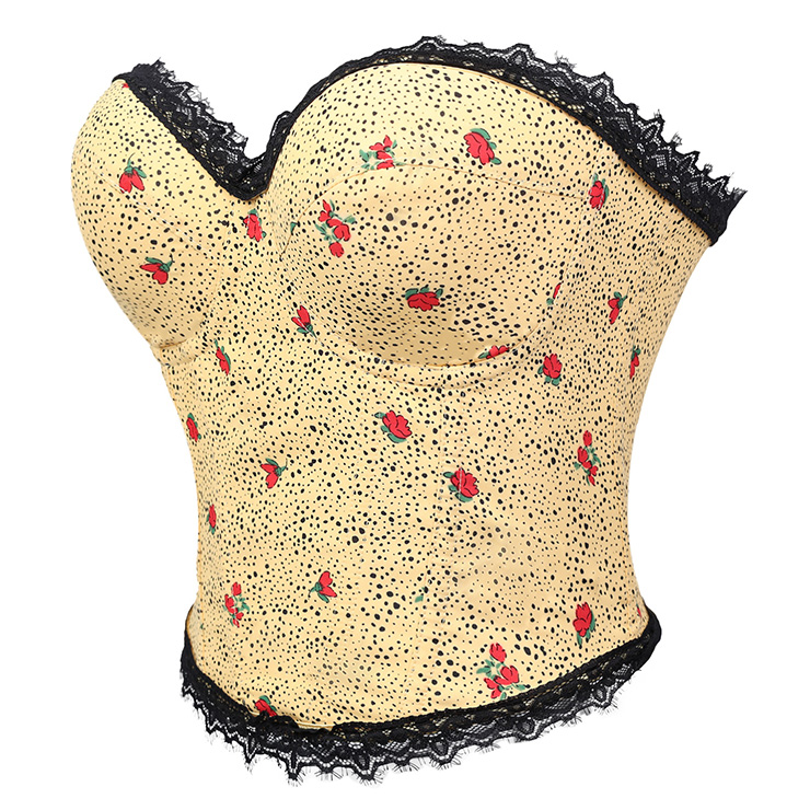 vintage corset, strapless bustier, polka dot lingerie, floral bustier, black lace trim, front tie corset, waist cincher, retro shapewear, adjustable bustier, cream corset top, romantic lingerie, layering piece, burlesque style, women