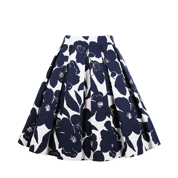 Vintage Blue Floral Print High Waisted Flared Pleated Skirt N18041