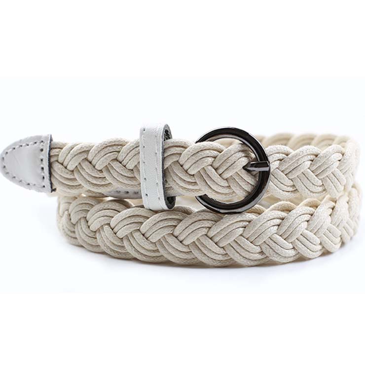 Women's Fashion White Braided Single Prong Buckle Thin Waist Belt N16055